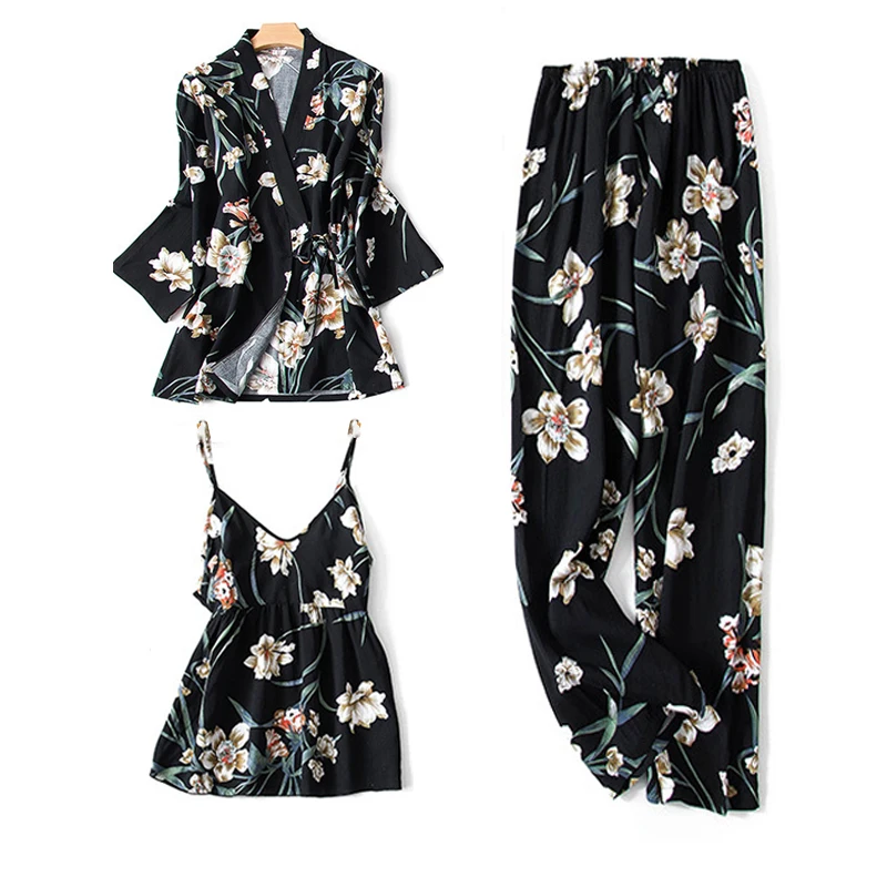 Women\'s Pajama Robe Set Sleepwear Suit Flower Printed Pijama Warm Home Clothing Nightwear Pyjama Women Sexy Lingerie 3 pieces