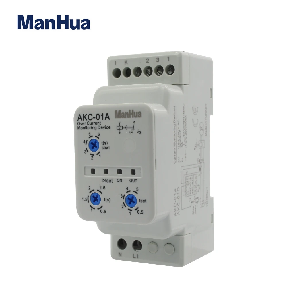 ManHua Din Rail Current Protection Relay AKC-01A 220V 0.5-5A Over current monitoring device Start-up delay 1-6 sn