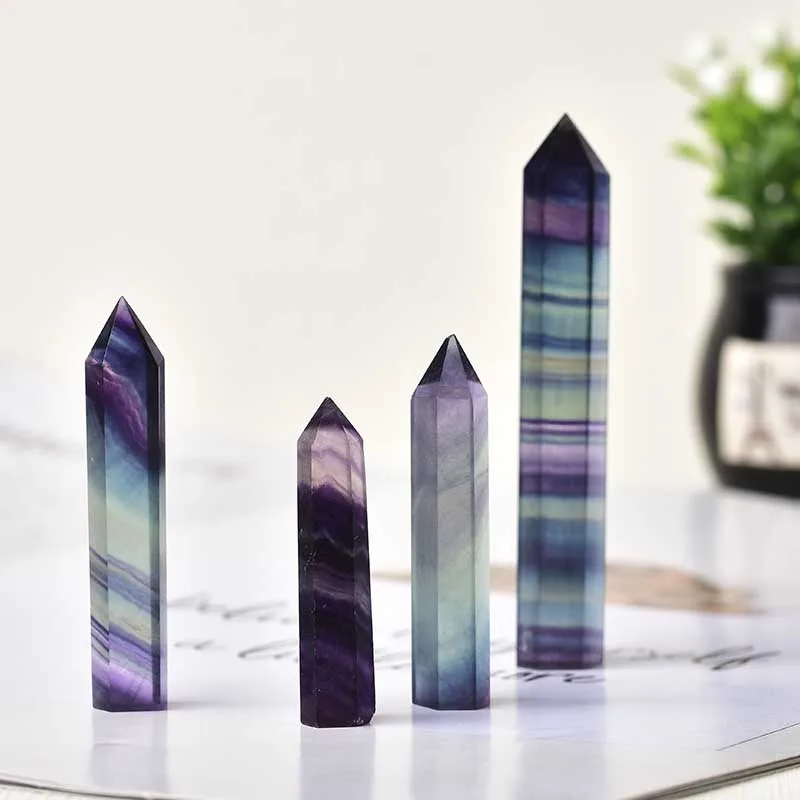 100% Natural Colored Fluorite Hexagonal Column Crystal Point Healing Wand Mineral Crystal Home Decor And Study Room Decor Gifts
