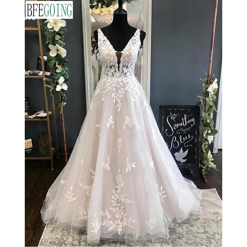 Tulle Organza Renda V-Neck Tanpa Lengan Panjang Lantai Gaun Pengantin A-Line Kereta Kapel Gaun Pengantin Dibuat Sesuai Pesanan