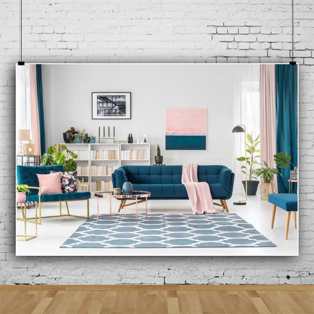 Laeaccoสีขาวห้องนั่งเล่นพรมโซฟาชั้นวางหนังสือหน้าต่างผ้าม่านใบพืชพื้นหลังการถ่ายภาพฉากหลังสำหรับPhoto Studio