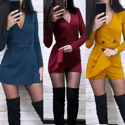 80% Hot Sales!!! Chic Women Solid Color Long Sleeve V Neck Double-breasted Dress Short Jumpsuit