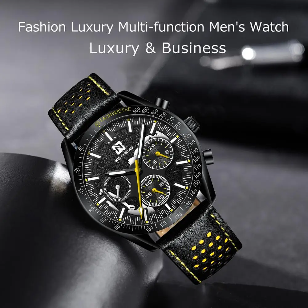 BEN NEVIS New Brand Quartz Watches Mens Leather Stainless Steel Watchband Sports Classics Clock Luminous Clock Tool Box BN6014G