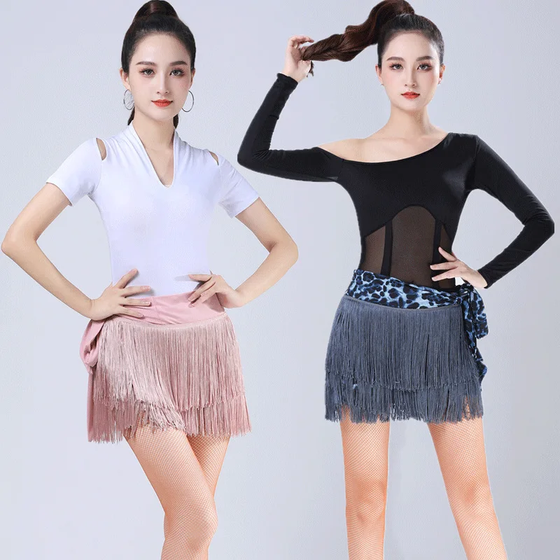

2025 Adult Women Latin Dance Skirt Double Fringe Hip Towel Girls Dancing Tassel Dress