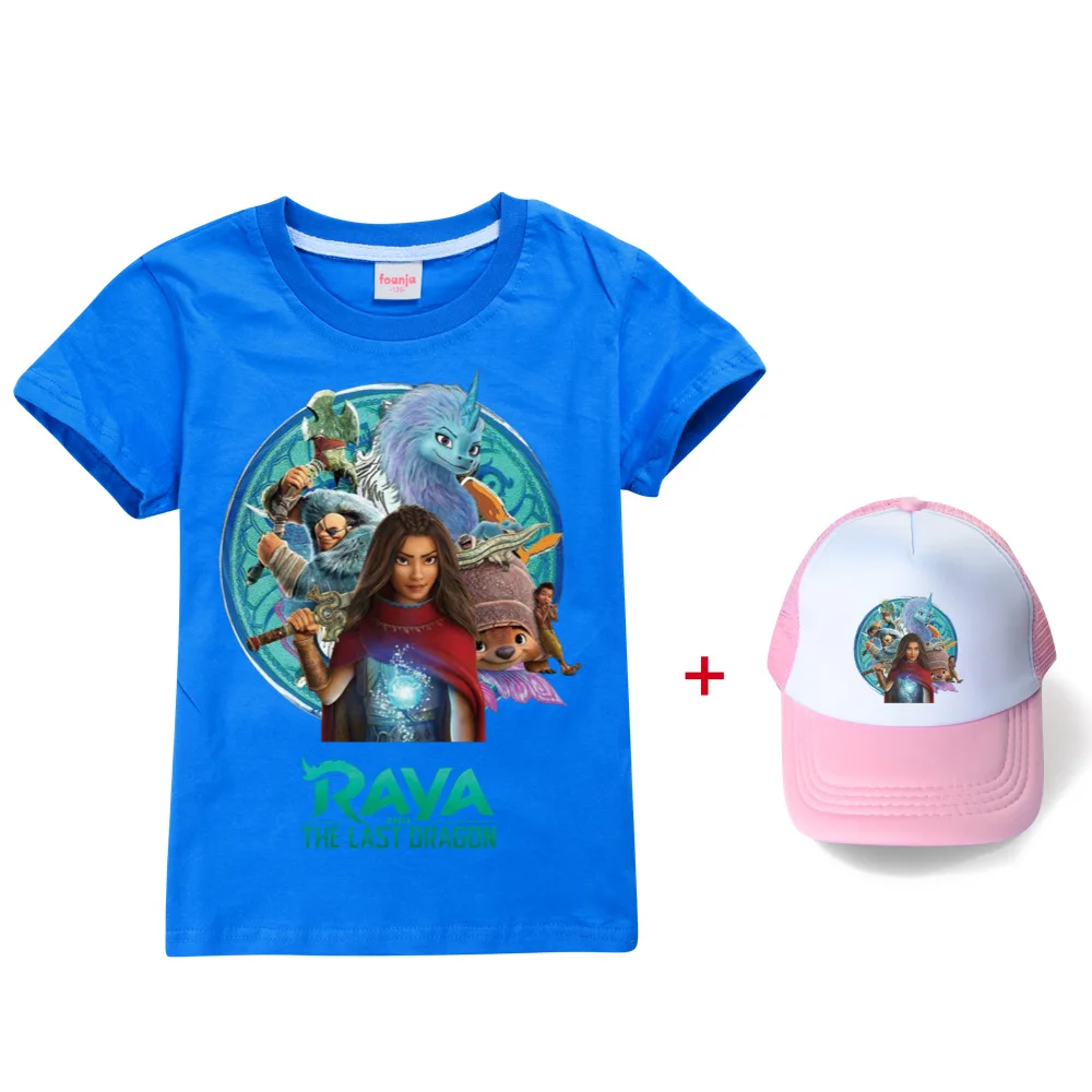 Camiseta de algodón con dibujos de Raya y el último dragón para niñas, ropa de verano, Tops de manga corta, trajes para niños con gorro