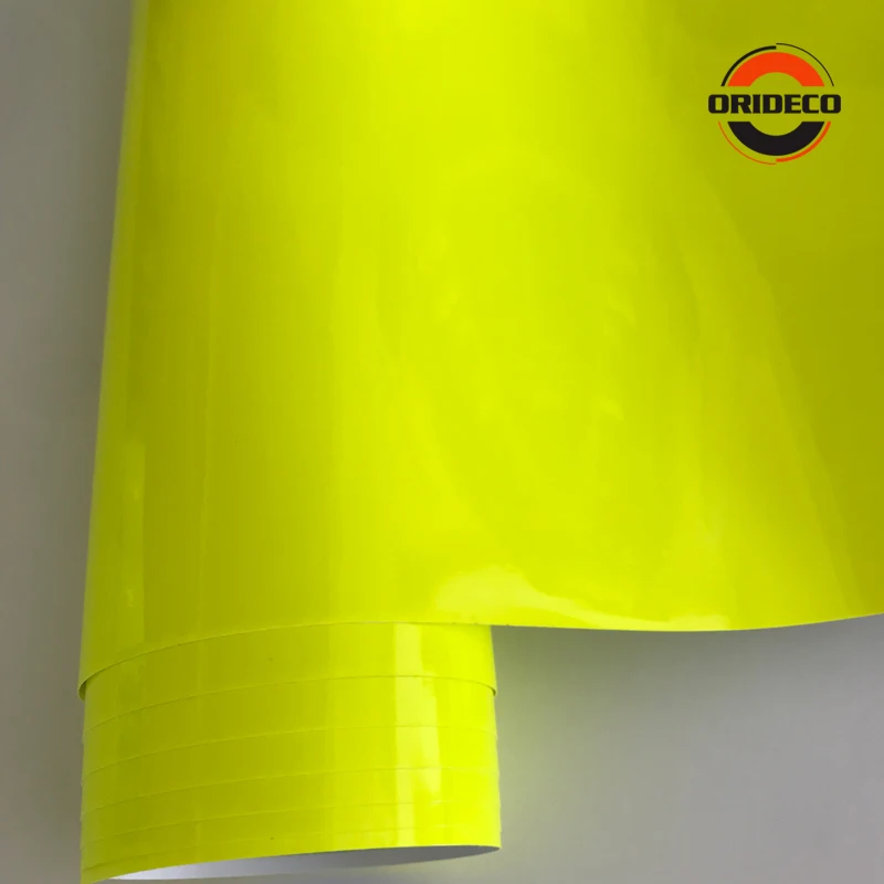 20/10/30/40/50*152CM rotolo di foglio di pellicola per avvolgimento per auto in vinile giallo fluorescente al Neon lucido con bolle d'aria libere