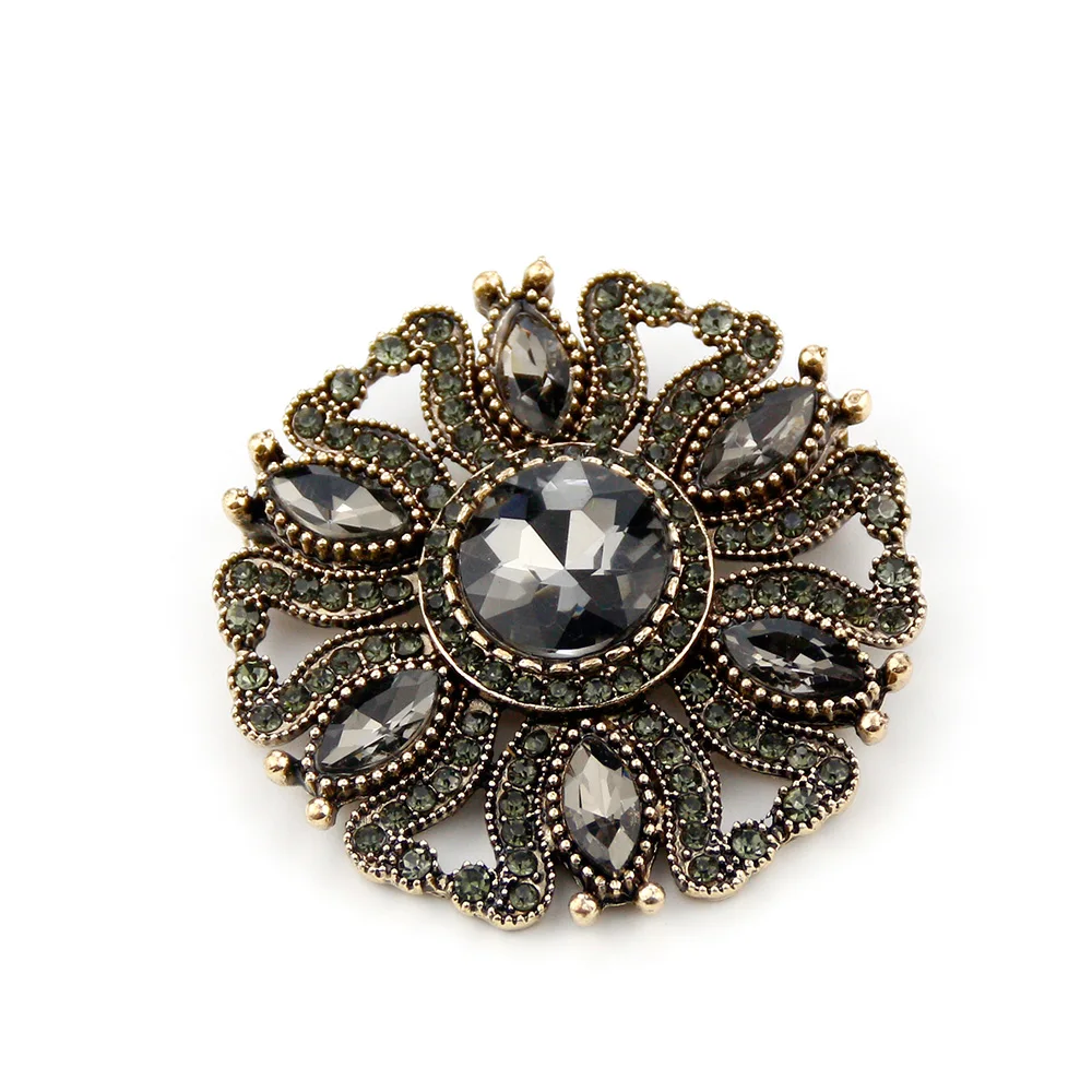 Sunspicems Vintage Gray Crystal Round Bohemia Brooch For Women Turkish Indian Brooches Pin Hijab Lapel Jewelry Retro Gold Color