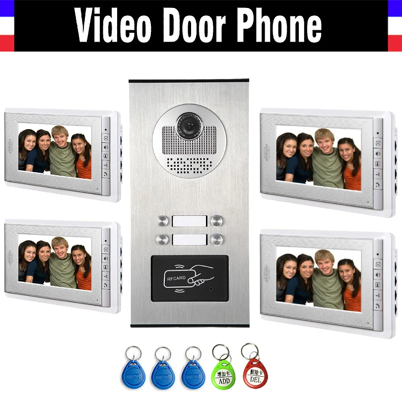 

4 Units Apartment Intercom System Video Intercom Video Door Phone Kit HD Camera 7 Inch Monitor with RFID keyfobs for 4 Household