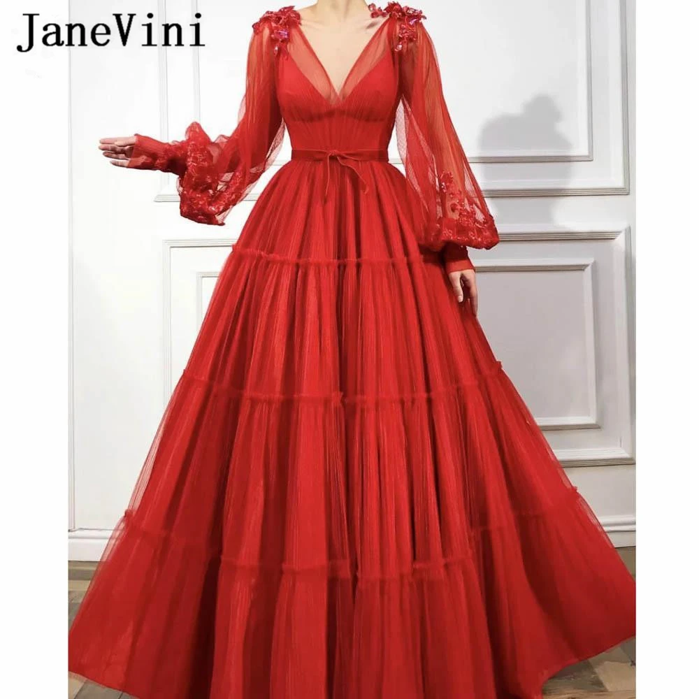 JaneVini – Robe de bal de forme trapèze, Robe Longue, Rouge musulman, manches longues, col en V, paillettes appliquées, arabie saoudite, 2019