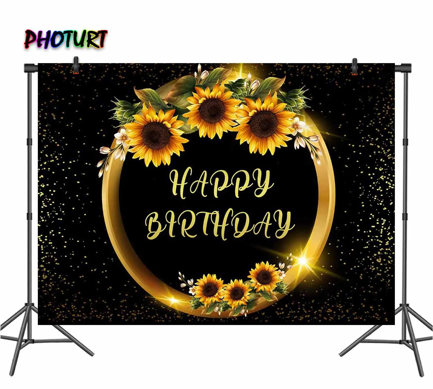 PHOTURT Custom Sunflower Photography Backdrop Birthday Wedding Party Background Golden Ring Glitter Vinyl Photo Banner Props