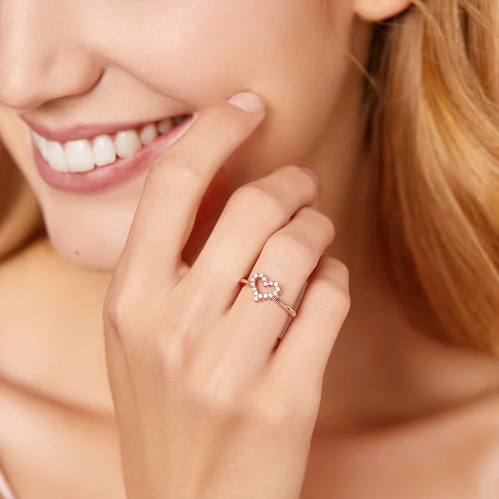 ATHENAIE Real 925 Sterling Silver Color Rose Gold Clear CZ Sparkling Heart Ring for Women Girl Wedding Finger Jewelry