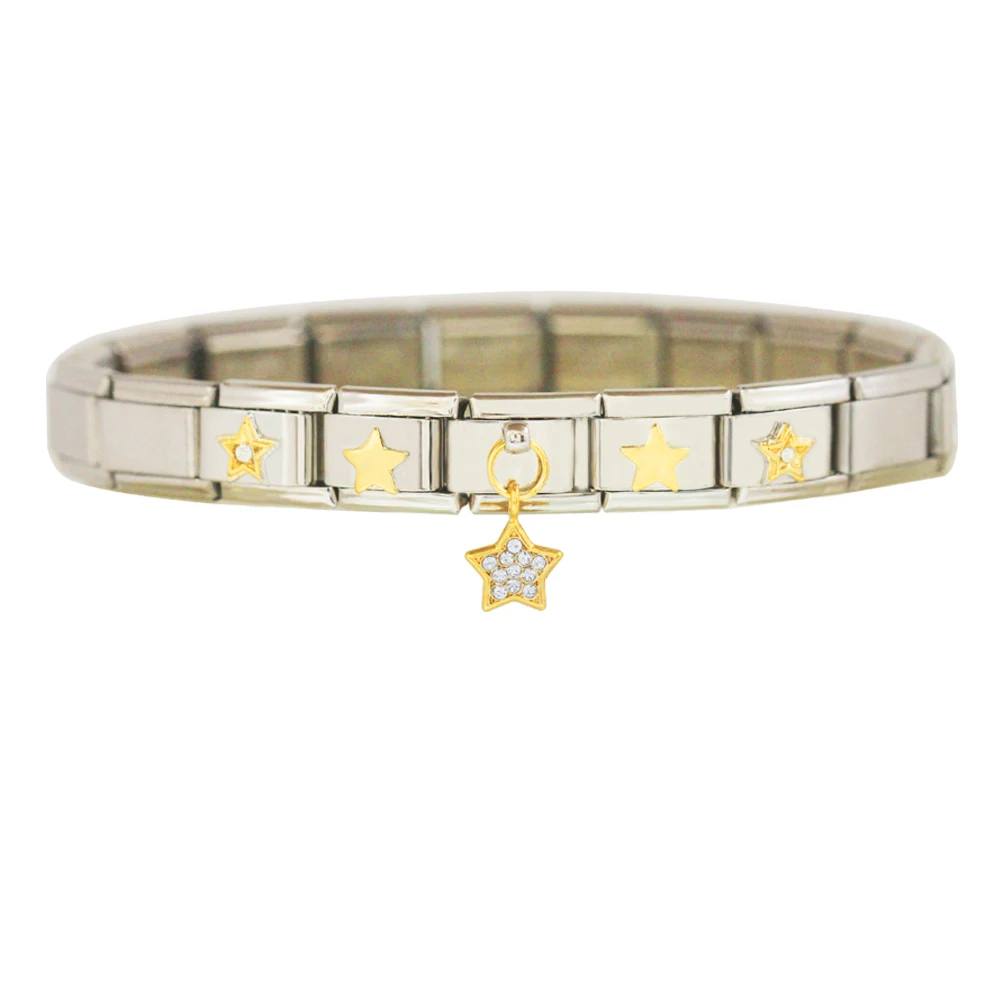 Eslabones Composable de acero inoxidable para mujer, pulsera clásica de 9mm chapada en oro con diferentes estrellas, dijes italianos, aptos para Zoppini