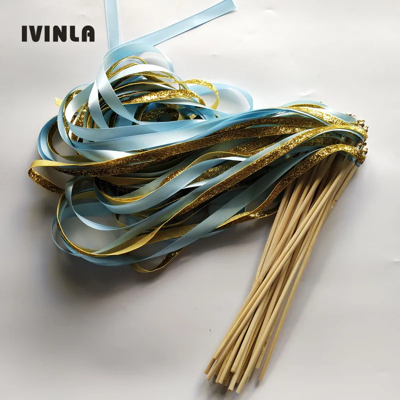 50pcs/lot gold glitter + light blue stain ribbon wedding wands  with gold bell for wedding party decoration