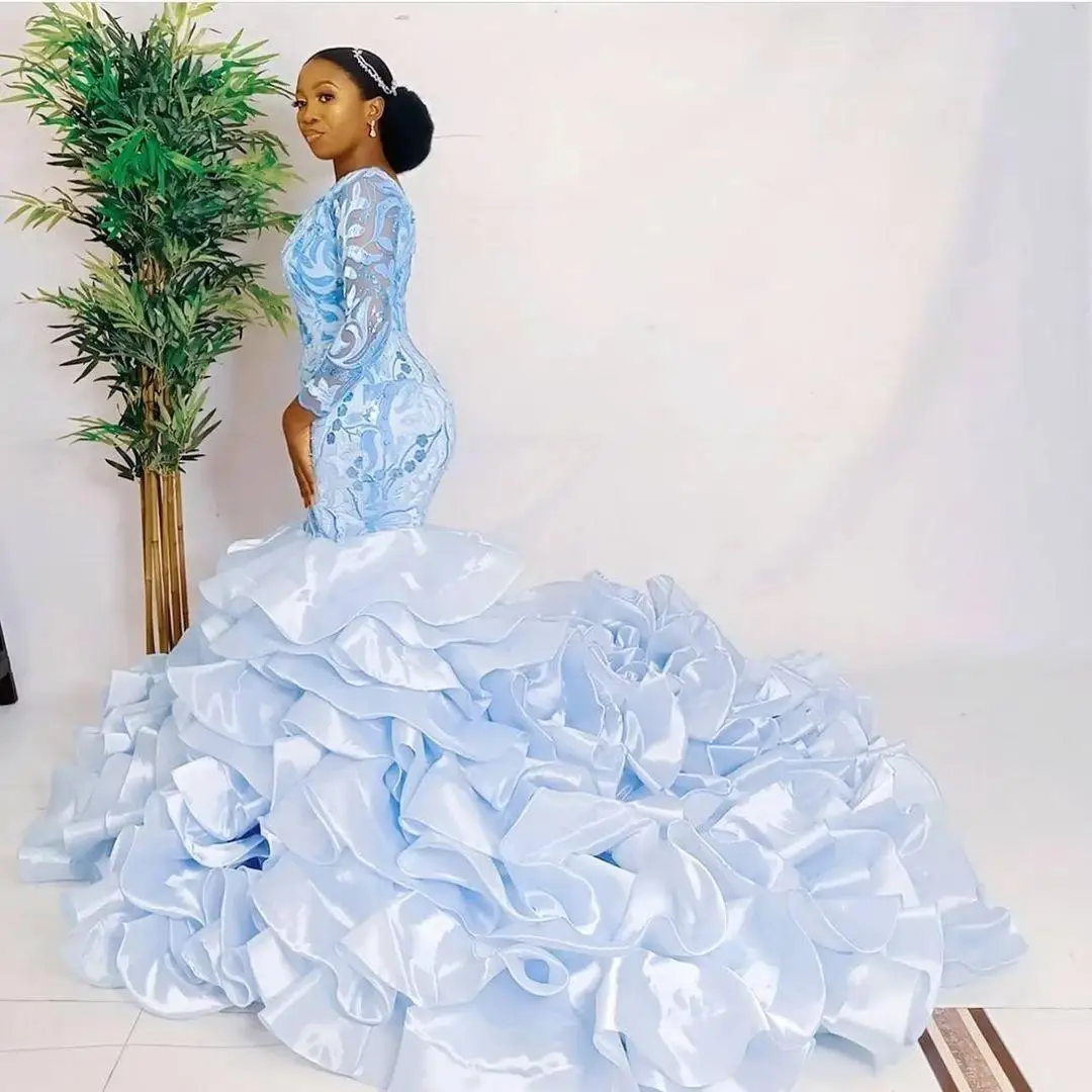 Aso Ebi Light Blue ชุดราตรียาวแขนลูกไม้ Appliques Mermaid Prom ชุด Ruffles ฉัตรด้านล่าง Gowns อย่างเป็นทางการ