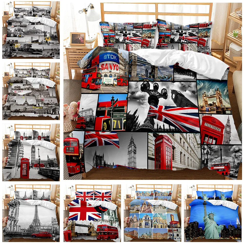 

Fashion Duvet Cover Set Retro Bedding Set Bedeoom Decor King Queen Size World Famous Buildings Comforter Cover with Pillow Cover