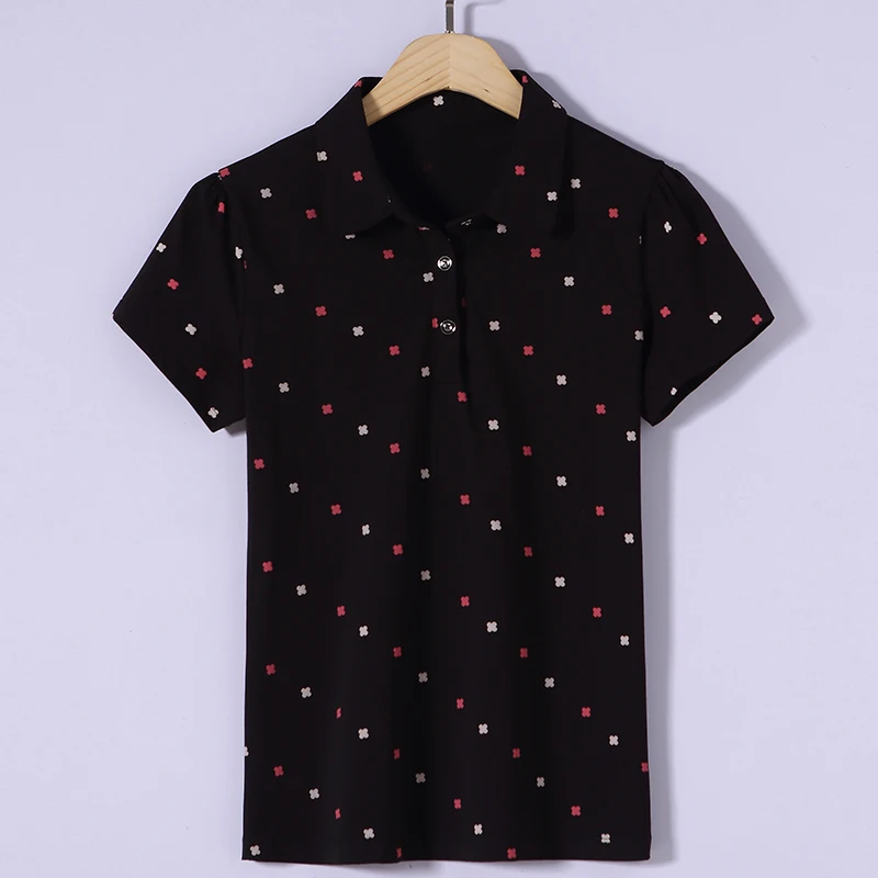 Cotton T Shirts for Women Slim Fit Printed Short Sleeve Collar Top - Black