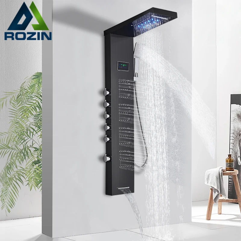 Rozin Black Bathroom Shower Panel LED Shower Column with Digital Display Brushed nickel Rainfall Shower Faucets 5 Mode Mixer Tap