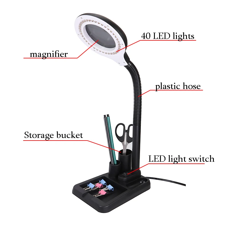 Flexible 5X /10 EU Plug 40 LED Lights Magnifying Glass Illuminated Magnifier Lamp Loupe Reading/Rework/Soldering Table Lamp