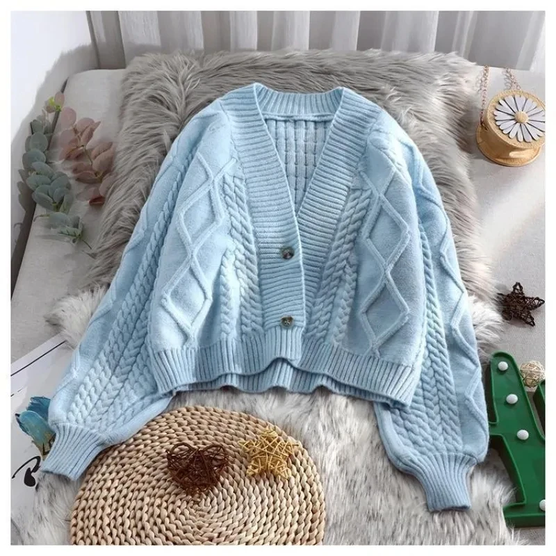 Korean Fashion Loose Casual Sweater Spring Autumn Lantern Sleeve V-Neck Short Jacket Sweet Solid Color Women Knit Cardigan