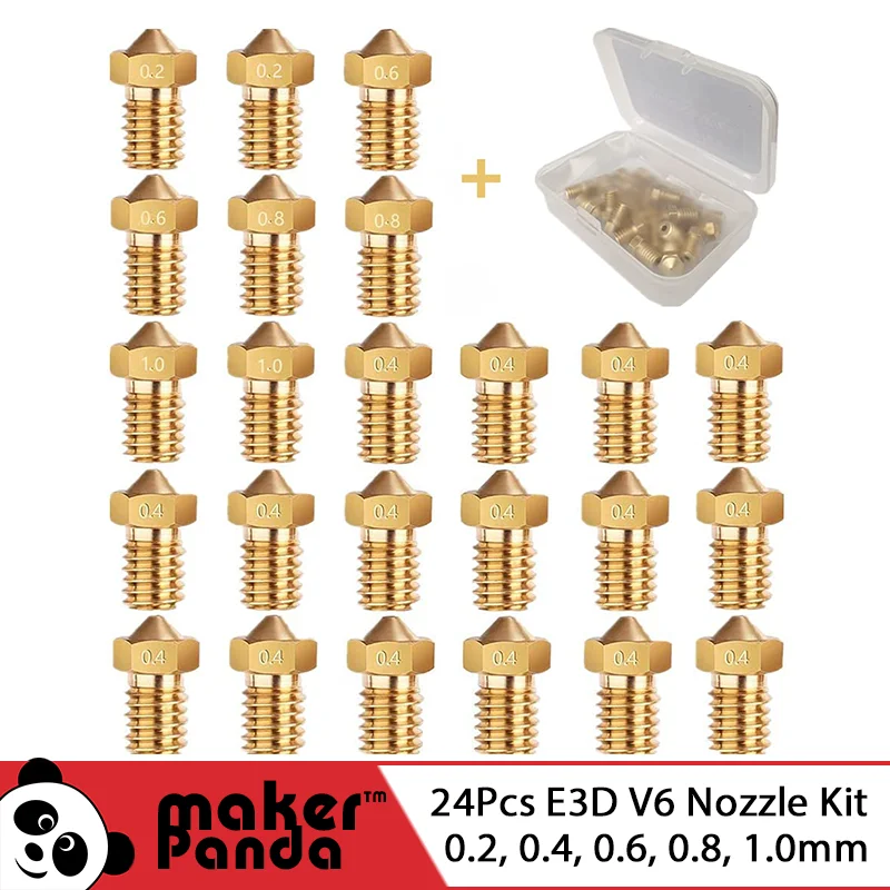 

makerPanda 24Pcs 3D Printer Nozzles for E3D V5-V6 Extruder, M6 Thread Brass Print Head Hotend (0.2mm,0.4mm,0.6mm,0.8mm,1.0mm)