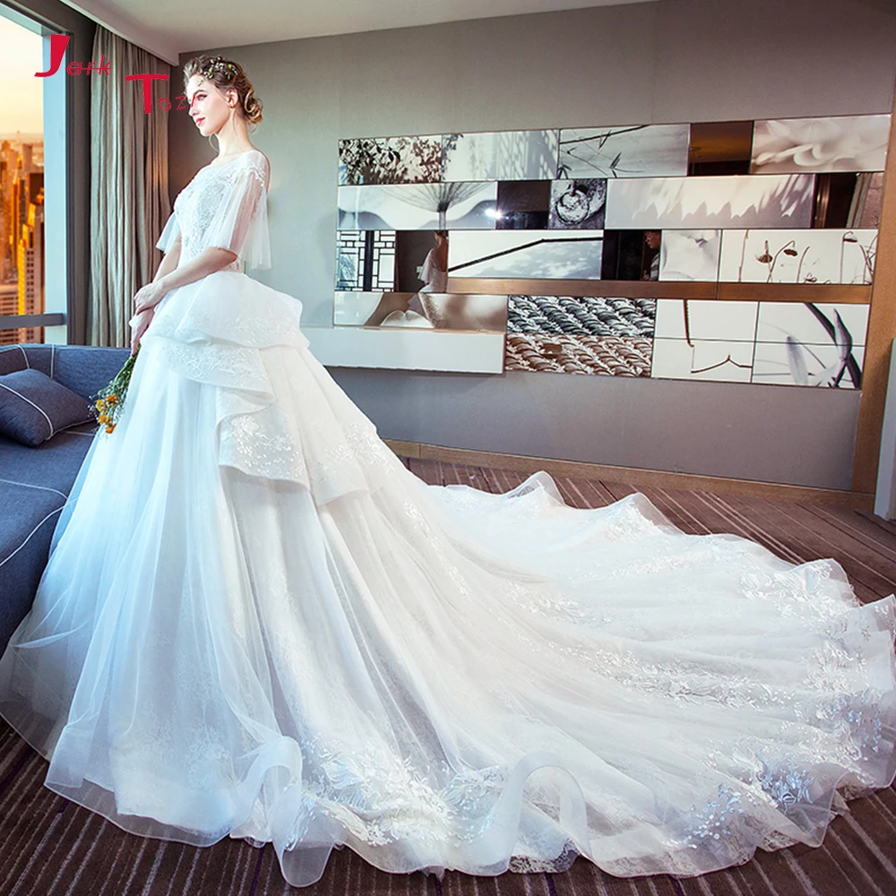 Vestido De novia De manga corta con cuello redondo, con apliques De encaje, para novia