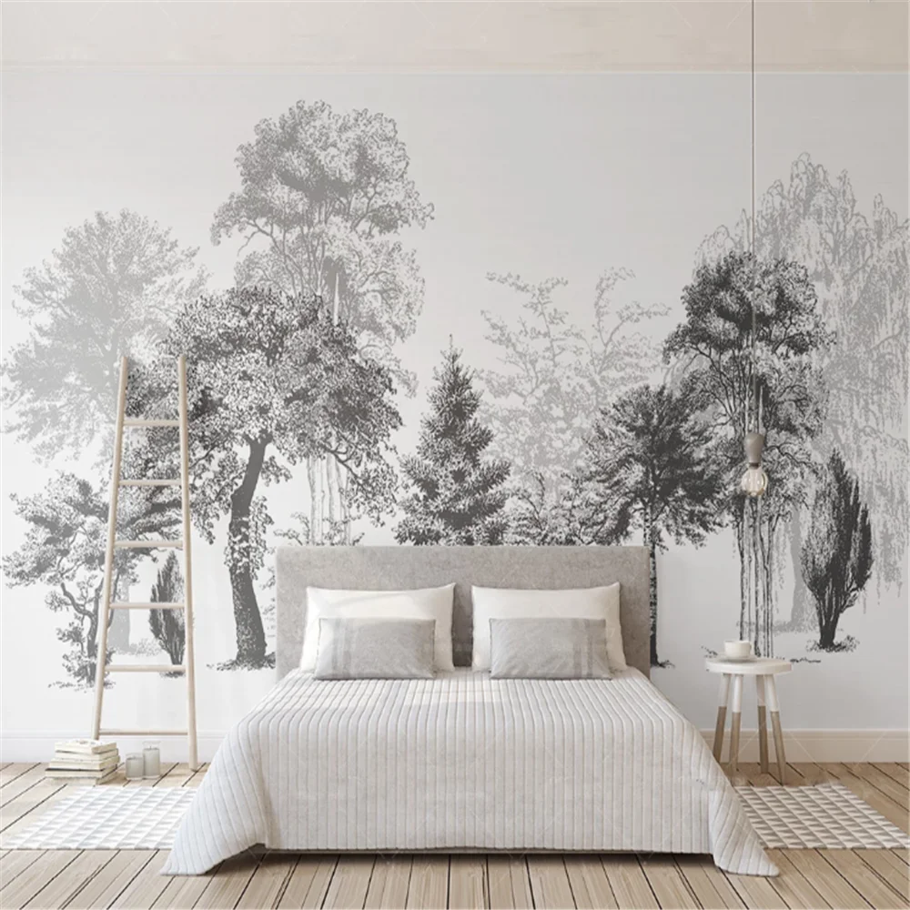 

Milofi custom mural wallpaper simple black and white sketch style abstract wood TV background wall decoration painting