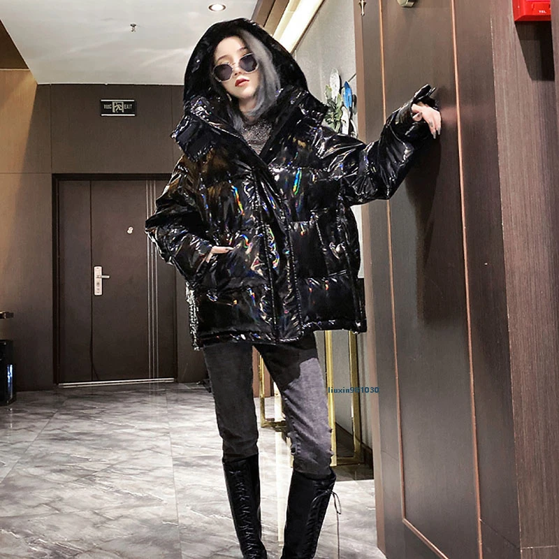 2022 novo com capuz brilhante inverno para baixo algodão acolchoado jaqueta para as mulheres grosso brilhante preto brilhante preto parkas moda my312