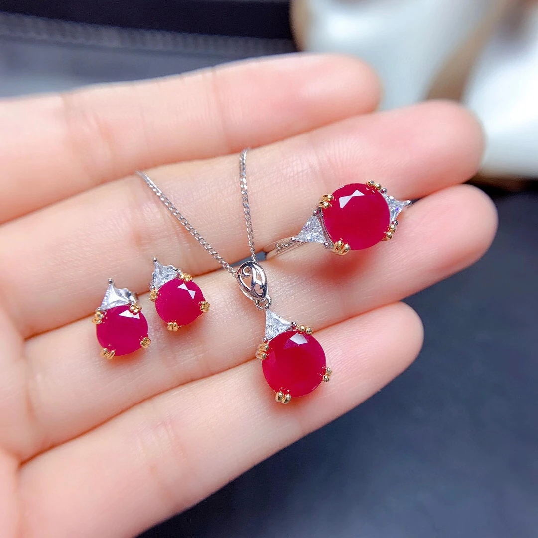 MeiBaPJ Natural New Ruby Gemstone Fine Wedding Jewelry Sets 925 Silver Earrings Ring Pendant Necklace Bracelet 3-pieces Suite