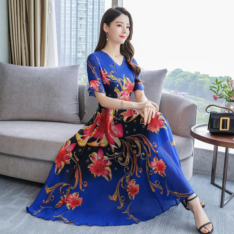 Summer Chiffon Dresses Women 2020 New Bohemia Beach Dress Fashion Ruffle Sleeve Printed Mid-long Dress Sundress Female Vestidos