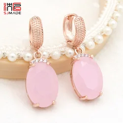 SHENJIANG New Fashion Oval Large Pink Opal Dangle Earrings For Women Wedding Jewelry 585 Rose Gold Color Zirconia Eardrop