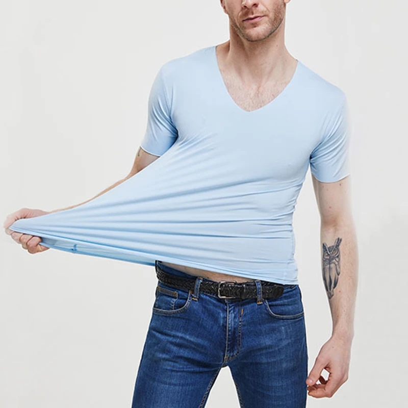 Men\'s Summer T-Shirt Short Sleeve Cool Quick Dry Breathable Ice Silk Seamless Tops Casual Solid Color Elastic Tee Shirts M-5XL