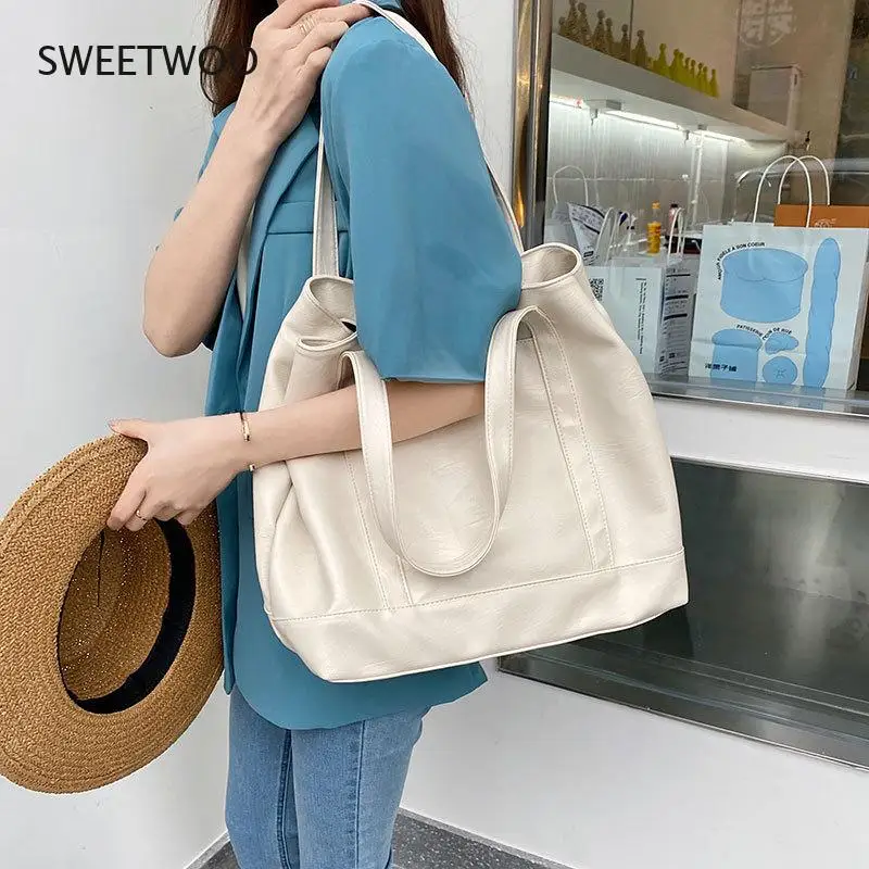 Women Large Soft Tote Bag Faux Leather Shoulder Bag Green White Brown Summer 2021