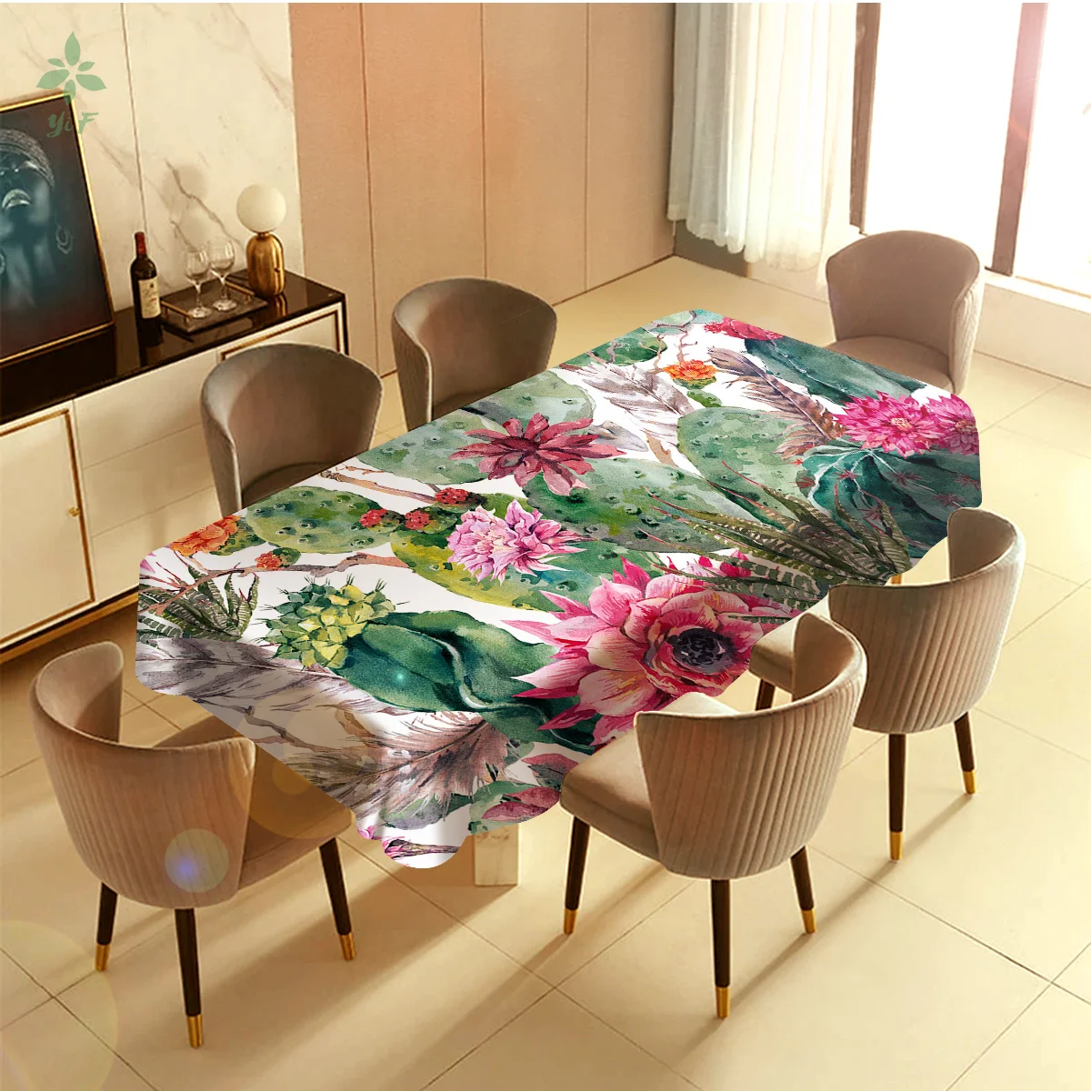 

Vintage Watercolor Seamless Bohemian Style Cactus And Flowers Art Design Tablecloth Dinning Decor Room Accessories