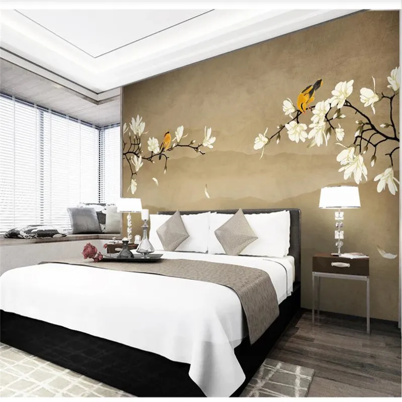 Custom mural wallpaper Chinese style magnolia flower hand-painted flowers and birds background wall decoration painting