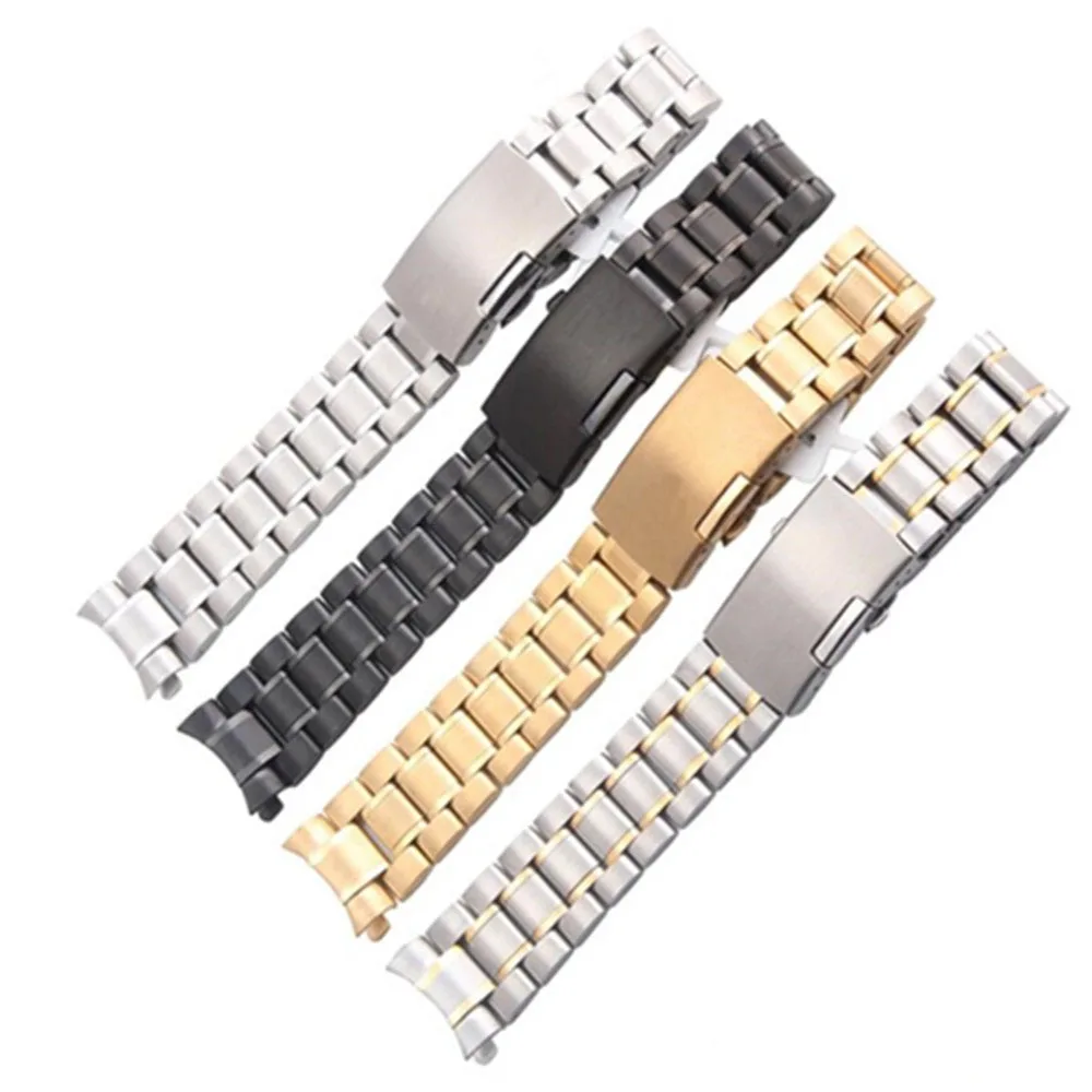 Curved End Watch Band Solid Stainless Steel Watch Strap 16 18 20 22 24mm Replacement Wrist Bracelet Band Fold Buckle w Pins