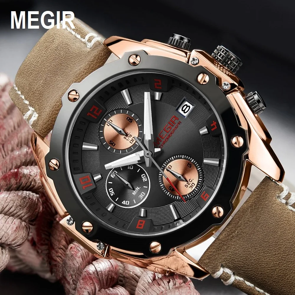 MEGIR Chronograph Men Watch Blue Leather Business Quartz Watch Clock Men Creative Army Military Wrist Watches Relogio Masculino