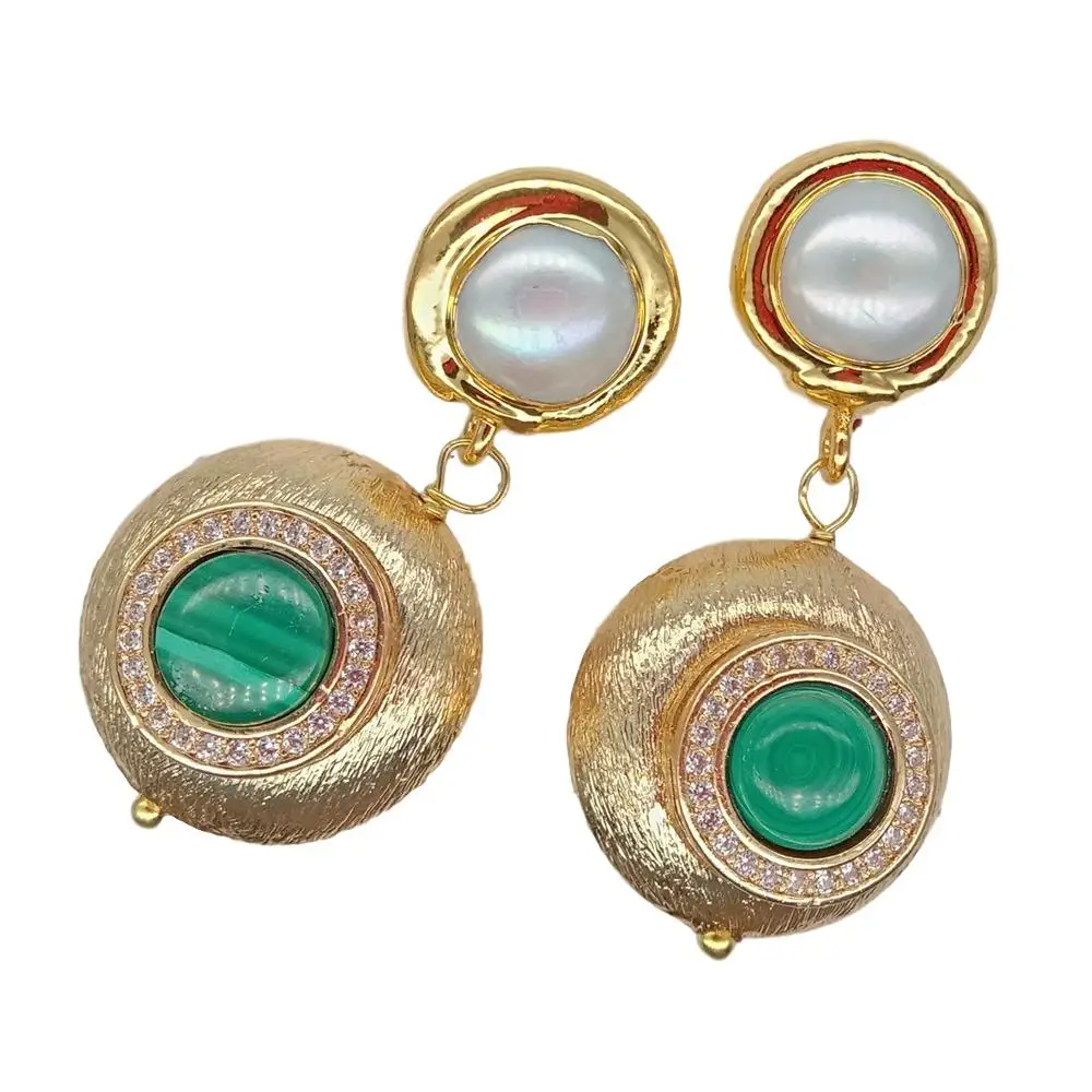 

Natural Green Malachite Freshwater White Pearl Drop gold color plated Stud Earrings fashion Triangle Round Geometric for women