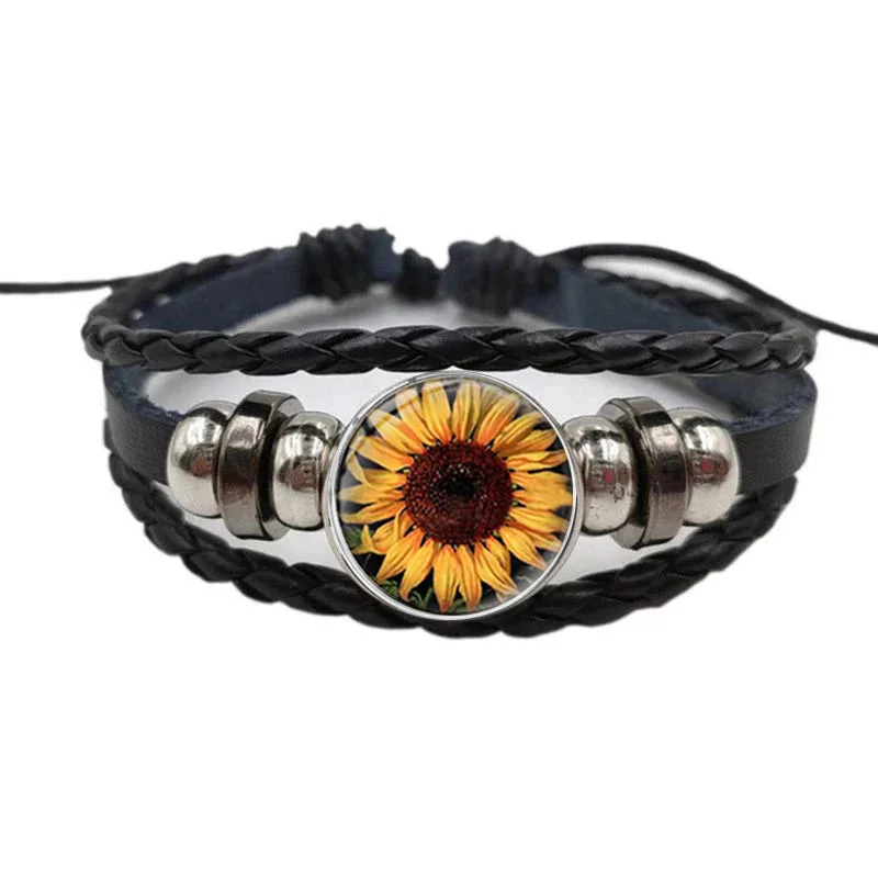 Sunflower Glass Art Snap Small Jewelry Bracelet Handmade Diy Beaded Multilayer Leather Bracelet And Bracelet Ladies Gifts