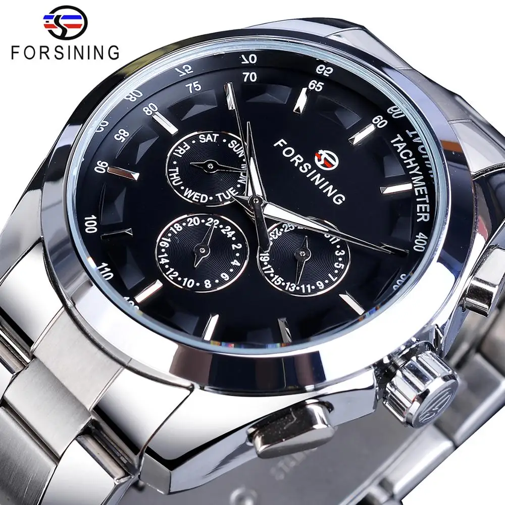 

Forsining Top Brand Fashion Sport Mens Wristwatch Automatic Mechanical Silver Clock Calendar Stainless Steel Waterproof Watches