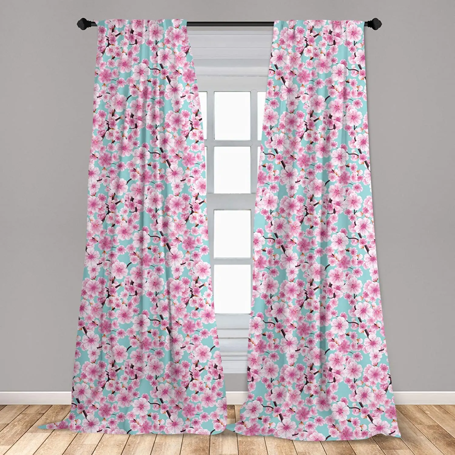 Cherry Blossom Curtain Bloomed Kwanzan Tree Flowers and Buds on Clear Sky Background Window Treatment Living Room Bedroom