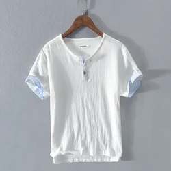 Summer new style short sleeve wrinkle casual t shirt men linen and cotton white t-shirt for men solid tshirt mens chemise camisa