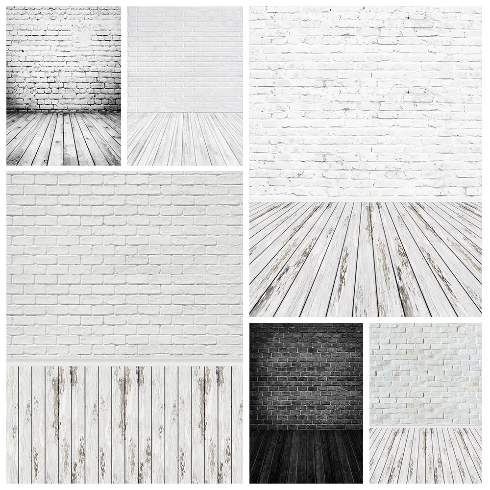 Gray White Brick Wall Wooden Floor Backgrounds Baby Shower Portrait Toy Pet Cake Birthday Photography Backdrops For Photo Studio