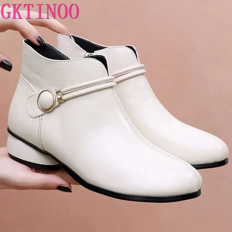 GKTINOO Autumn Winter Genuine Leather Low Heels Ankle Boots For Women Warm Boots Side Zipper Soft Comfortable Cow Leather Botas