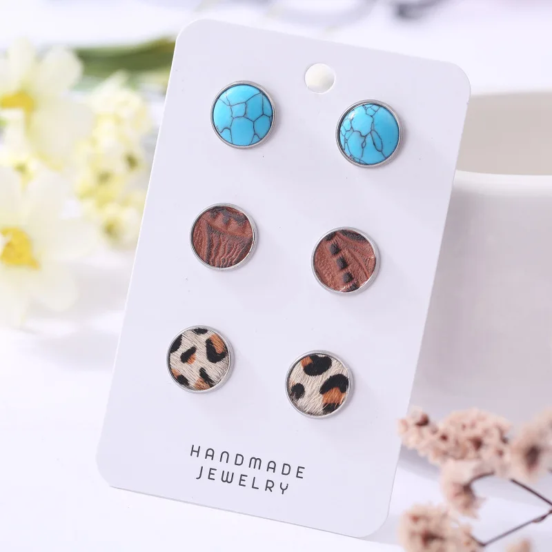 

Turquoise Leather Earrings Set Simple Leopard Print Original Niche Retro Personality Exquisite Small Jewelry for Women Wholesale