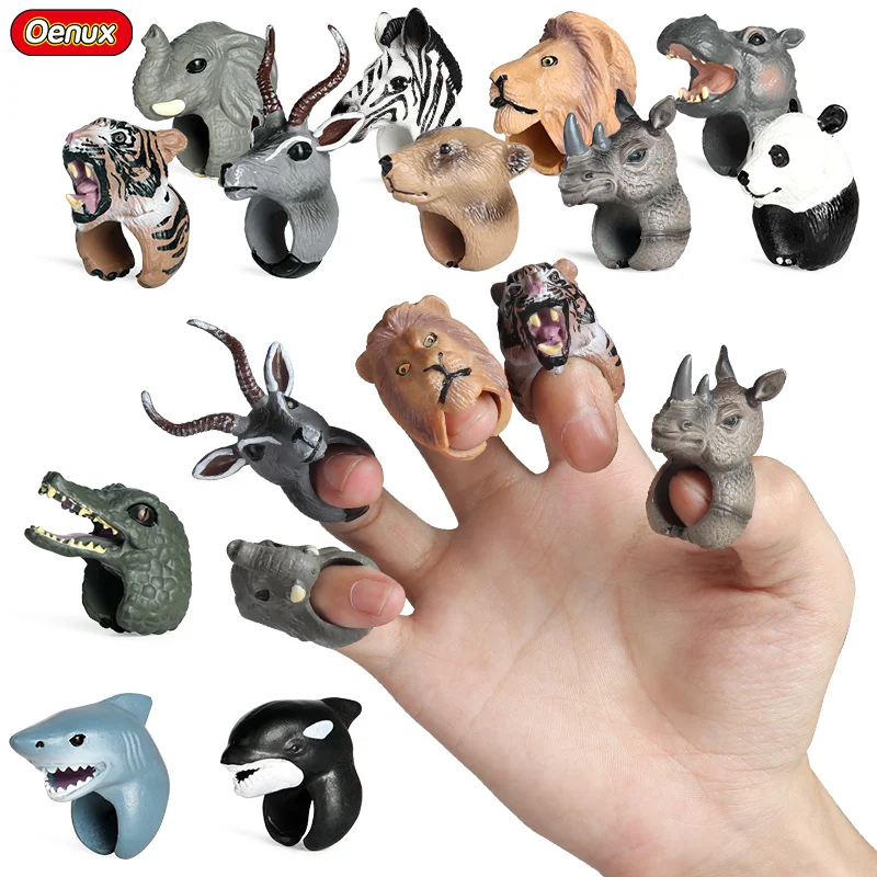 Oenux Wilde Dieren Vinger Speelgoed Action Figures Mini Baby Hoofd Handpop Leeuw Tijger Olifant Beer Model Vroege Onderwijs Kinderen gift