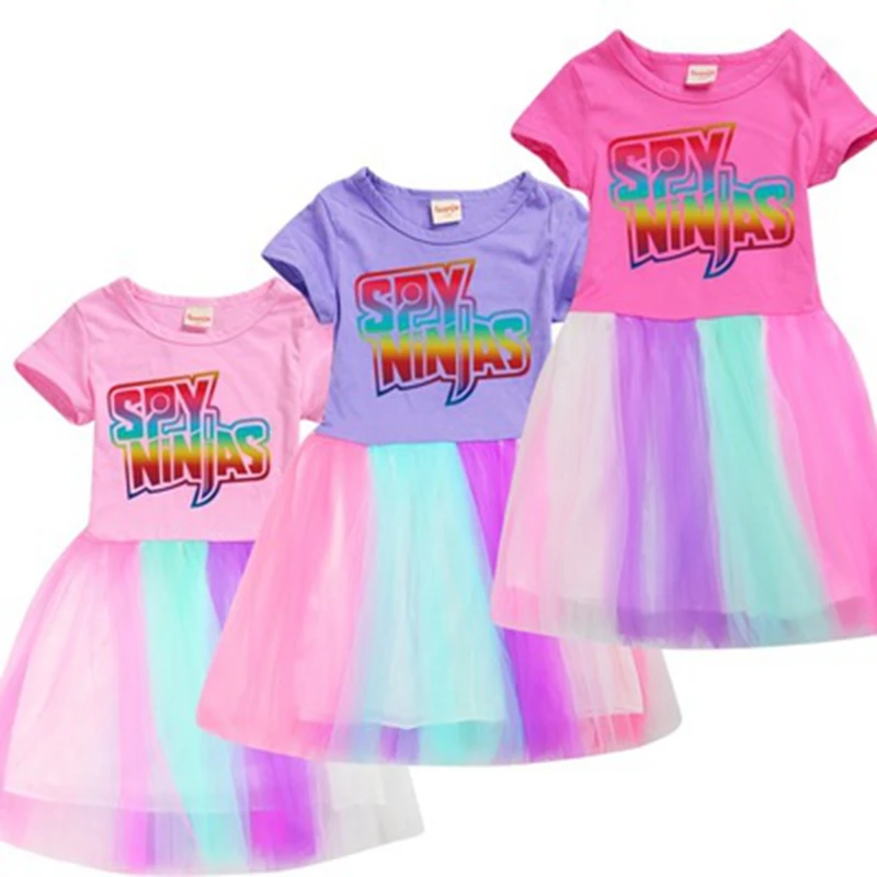 SPY NINJA Print Girls Summer Dress Cotton Animal Applique Baby Kids Short Sleeve Princess Dresses Girls Clothes Vestidos