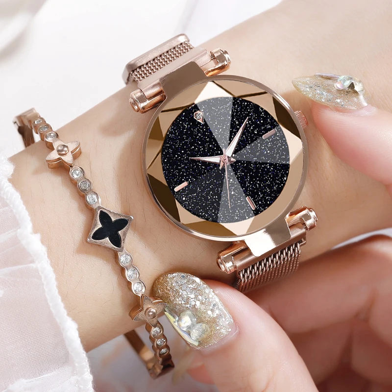 Women Starry Sky Watch Pretty Mesh Magnet Buckle Ladies Clock Geometric Surface Roman Numeral Quartz Watches Relogio Feminino