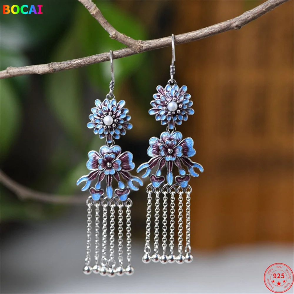 

S925 Sterling Silver Cloisonne Earrings Popular Simple Rich Flowers Totem Tassel Enamel Jewelry Pure Argentum Ear Drop for Women