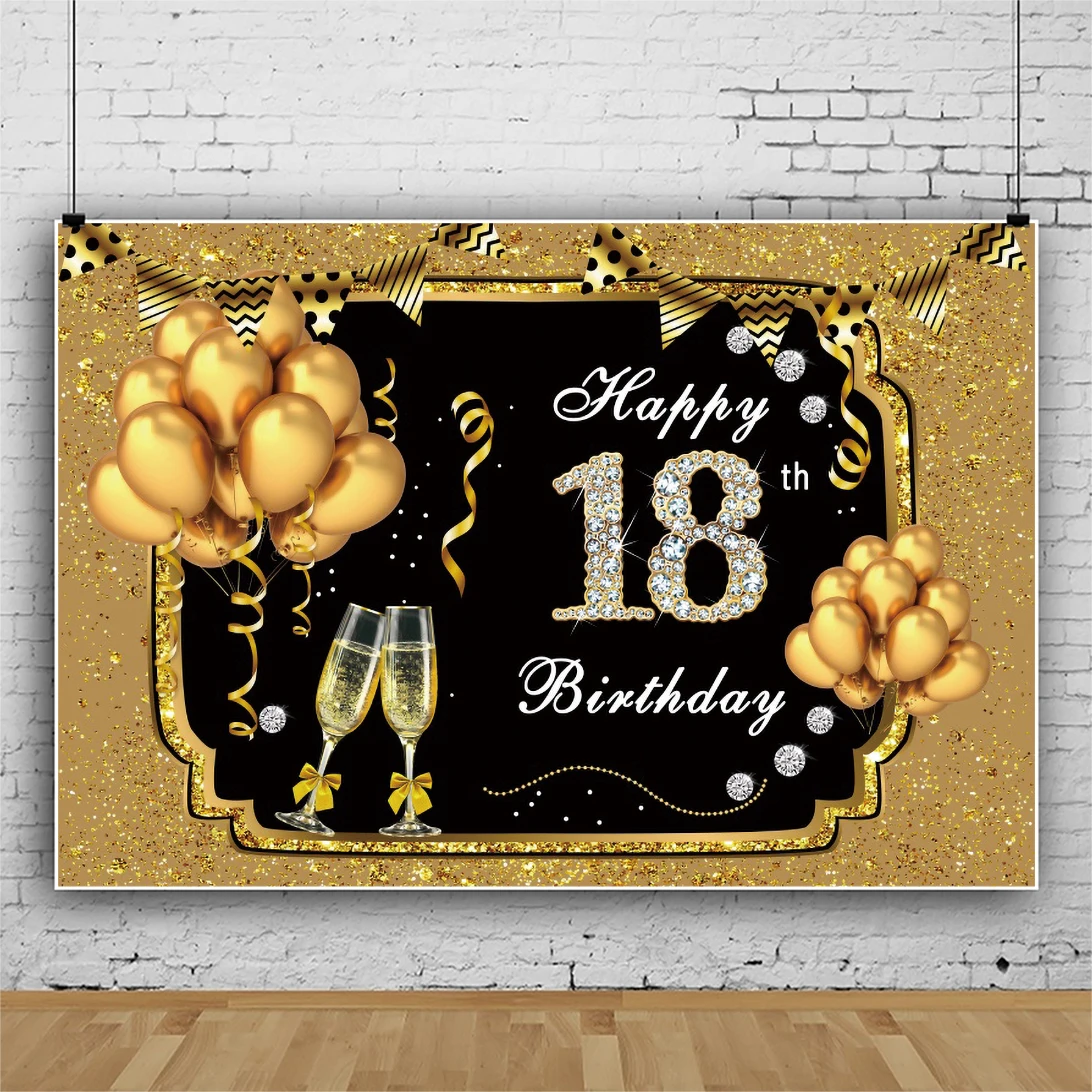 Laeacco Happy 18th Birthday Party Background Gold Balloons Glitters Wine Glass Portrait Customized Banner Photography Backdrops