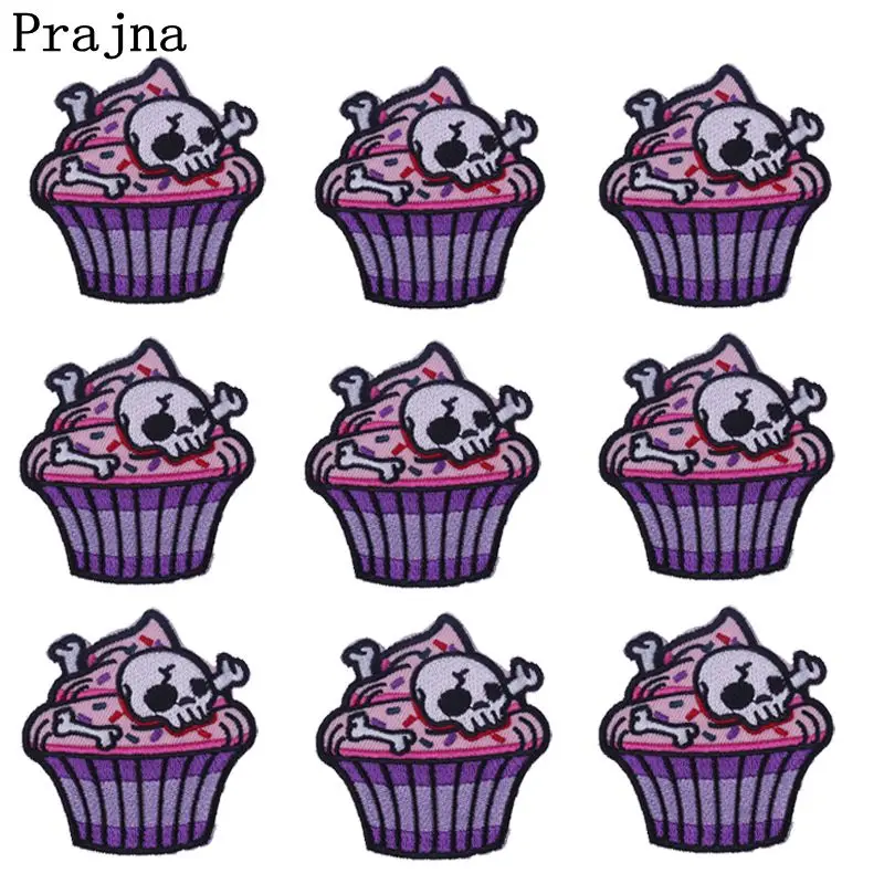 Prajna 10PCS Punk Skull Cake Patch Rock Biker Style Iron On Patches Pack Sewing Embroidered Patches For Clothing Cheap Wholesale